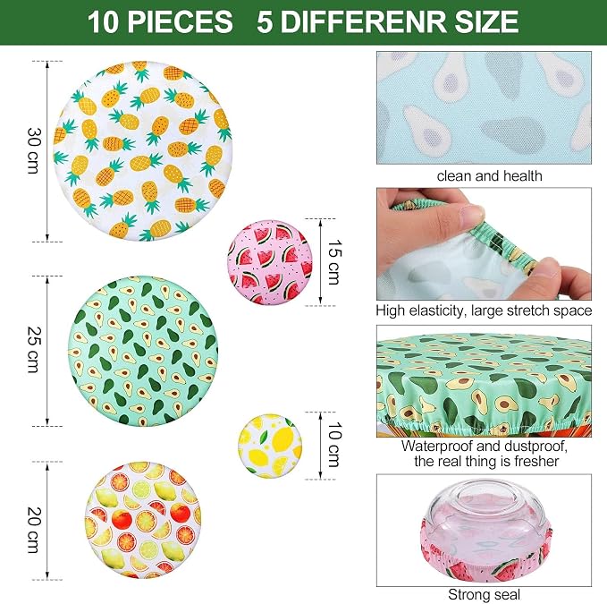 Patelai 10 Pcs Bowl Covers Reusable in 5 Size Stretch Cloth Fabric Elastic Food - Image 2