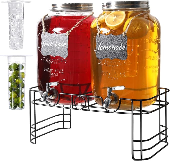 2 Gallon Drink Dispensers for Parties, 2 Pack Glass Beverage Dispenser by JOFUYU