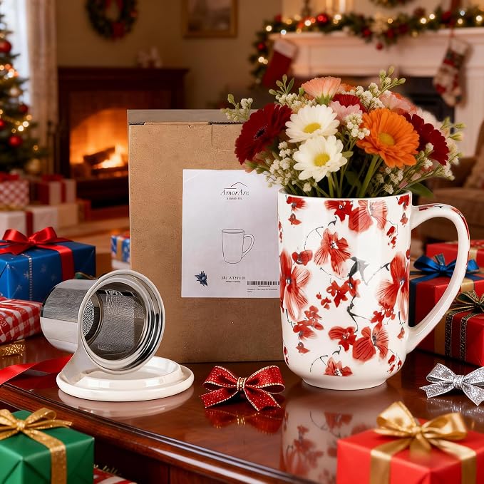 AmorArc Porcelain Tea Mug with Infuser and Lids, 18 Oz Coffee Cup Strainer with - Image 8