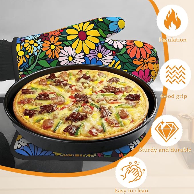 Abstract Hippie Flower Oven Mitts and Pot Holders, Heat Resistant Oven Mitts - Image 4