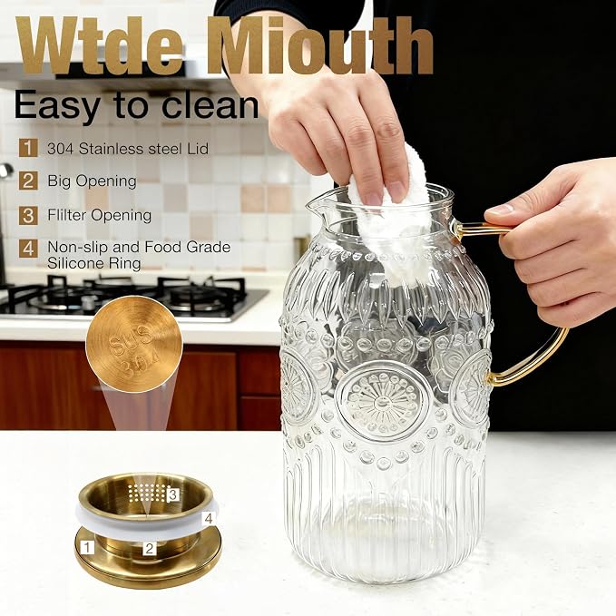 Amzcku Glass Pitcher with Lid, 101 oz/ 3 Liter Vintage Water Pitcher, Water - Image 5
