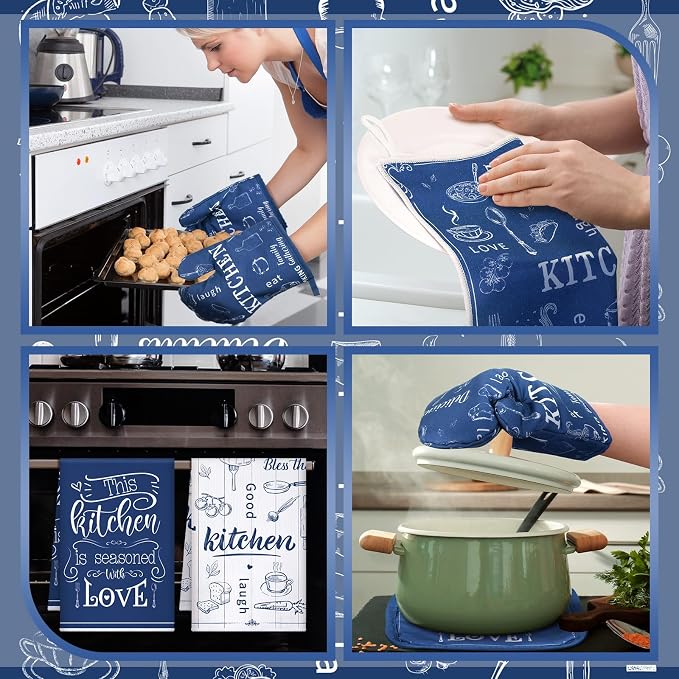12 Pcs Farmhouse Kitchen Oven Mitts and Pot Holders Decor Sets 4 Blue Kitchen - Image 6