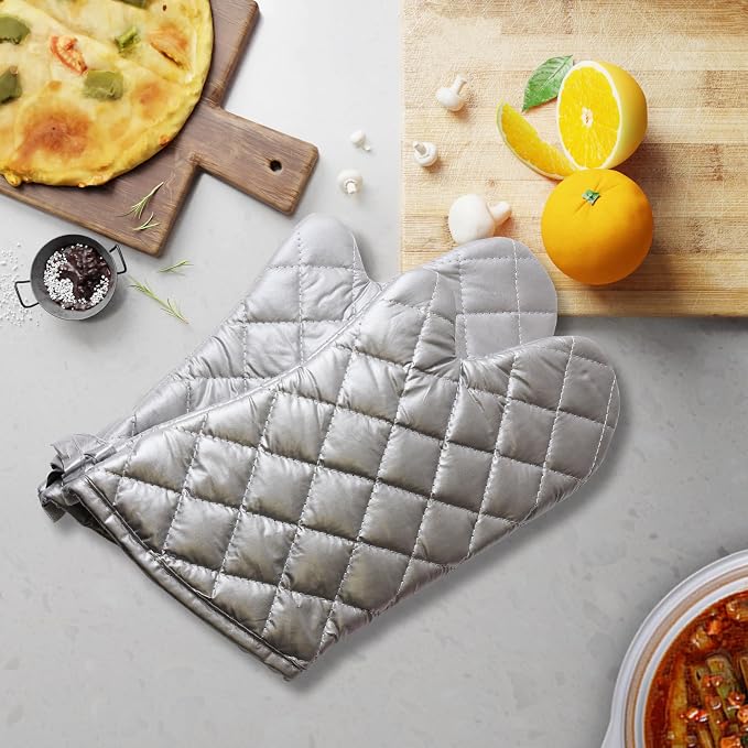 Silver Oven Mitts, Quilted Cotton Lining 13 Inch Oven Gloves, Heat Resistant - Image 2