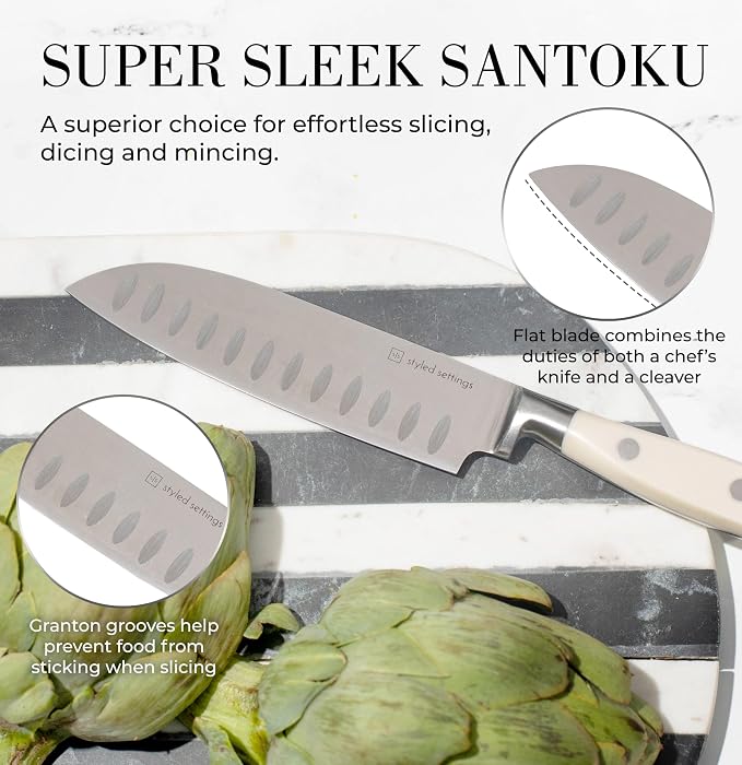 White Knife Set with Block – 14-Piece Forged Stainless Steel Knives with Triple - Image 8