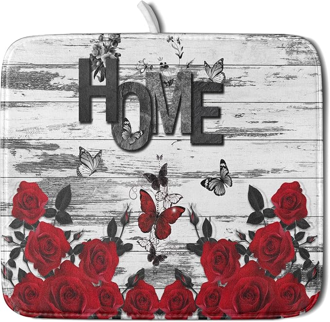 Red Rose Dish Drying Mat 16x18 inch Romantic Floral Absorbent Microfiber Sink by Giwawa
