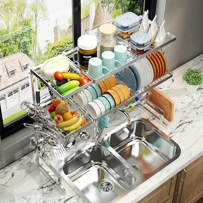 PUSDON Over Sink Dish Drying Rack Stainless Steel, Adjustable Large Dish Drainer - Image 7