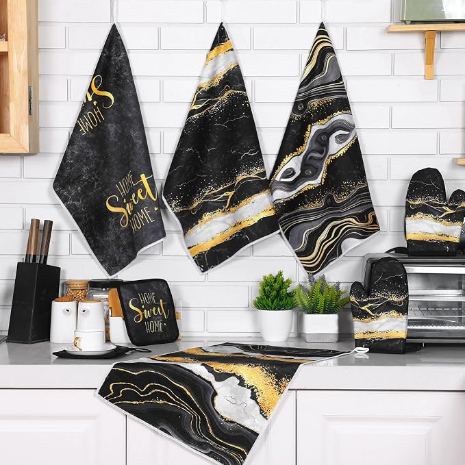 Leinuosen 8 Pcs Black Marble Kitchen Decor Dish Towels and Oven Mitts Sets Pot - Image 7
