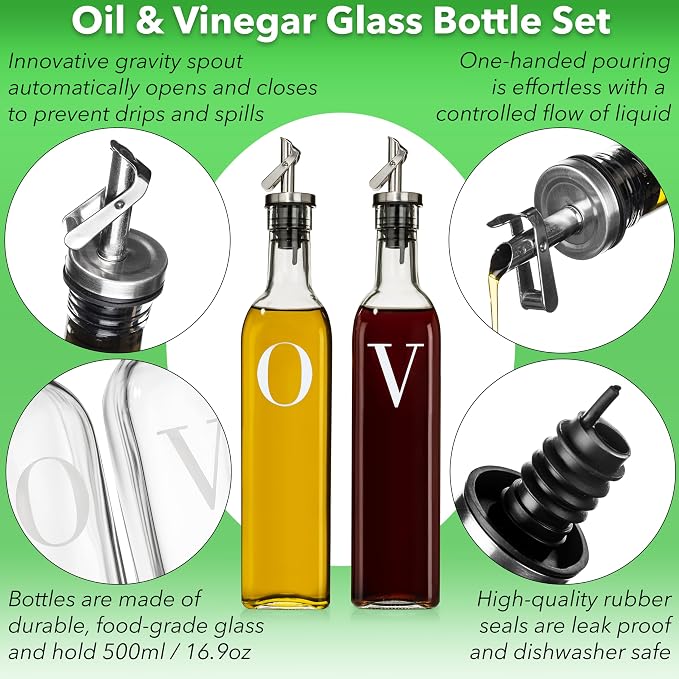 GREENOLIVE Olive Oil and Vinegar Dispenser Set - 17 oz. Glass Bottles - Stylish - Image 2
