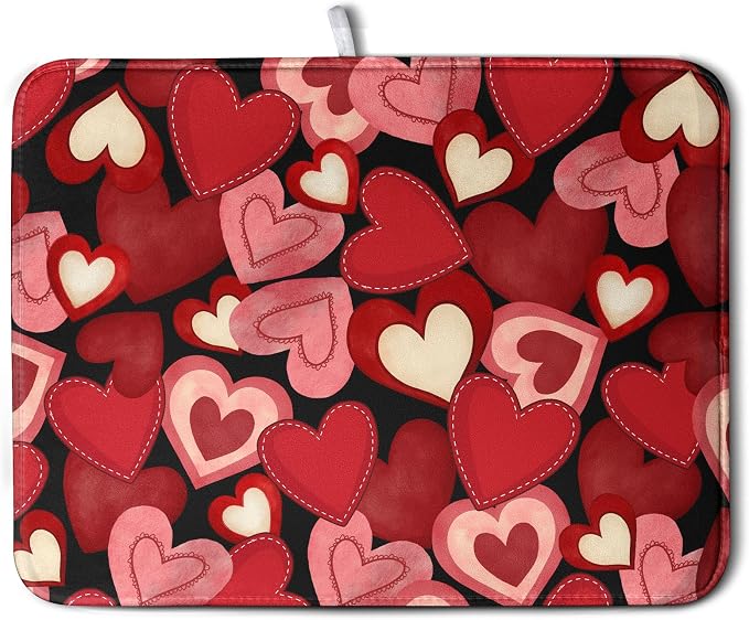 Valentine Dish Drying Mat for Kitchen Counter Red Black Love Heart Drying Pad by Kwlegh