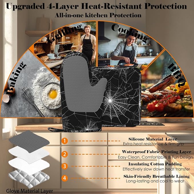 Spider Web Oven Mitts and Pot Holders Sets Silicone Kitchen Mitts Potholders - Image 4