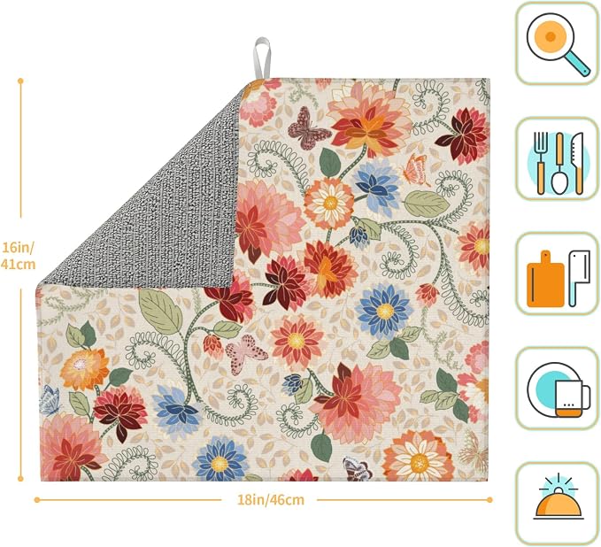 Mandala Flowers Dish Drying Mat 16x18 Inch, Microfiber Absorbent Fast Dry Mat - Image 2