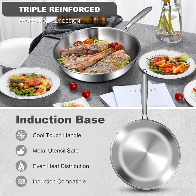 EWFEN 12 Inch Tri-Ply Stainless Steel Frying Pan, Compatible - Image 4