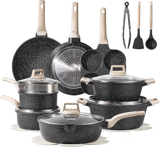 CAROTE 21pcs Pots and Pans Set Nonstick, Cookware Set Black Granite Induction by CAROTE