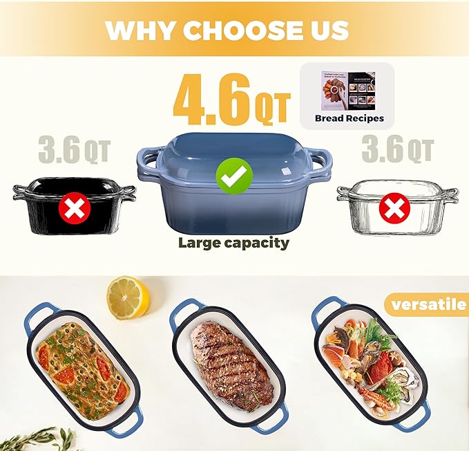 4.6 Quart Dutch Oven for Sourdough Bread Baking, Combo Oval Enameled Cast Iron - Image 3