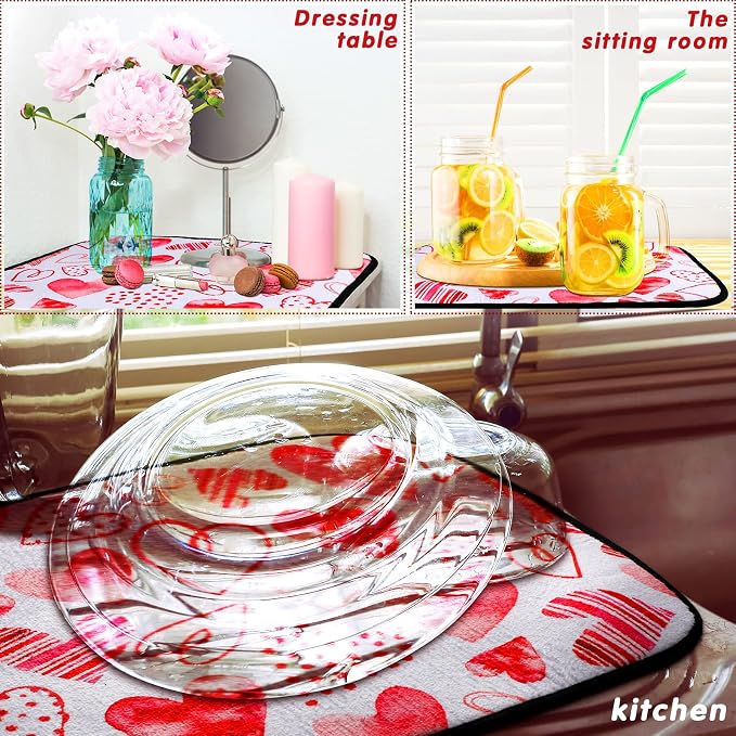 Breling Valentine's Day Dish Drying Mat Valentine Kitchen Dry Mat Absorbent - Image 4