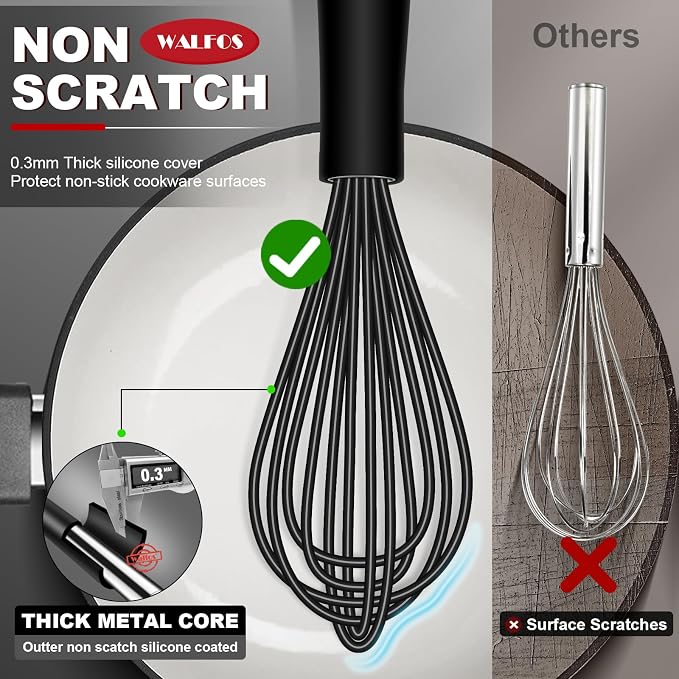 Silicone Whisks set with 7+5in mini stainless steel whisk, Non Scratch Coated - Image 2