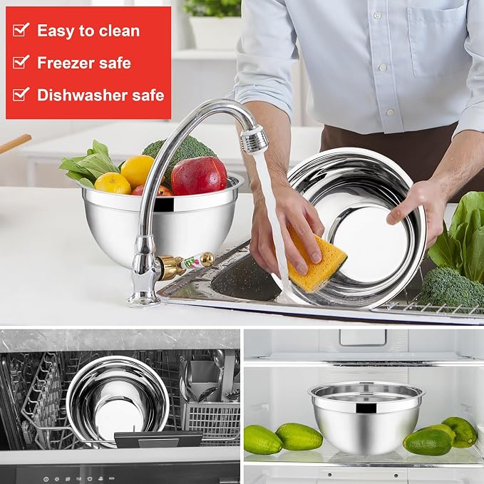 E-far Mixing Bowls with Lids, 6-Piece Stainless Steel Salad Bowls Metal Nesting - Image 5