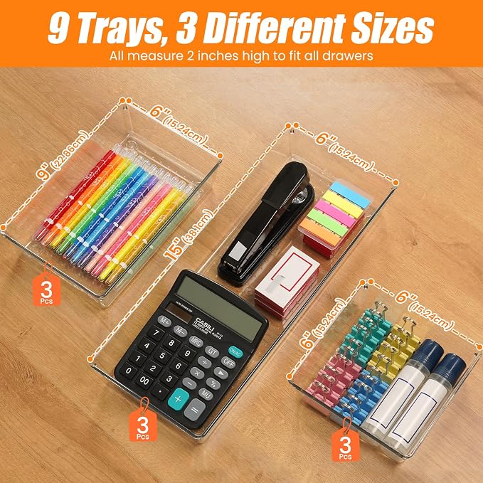 9 Pack Clear Plastic Drawer Organizer Set, Acrylic Non Slip Non Cracking - Image 2