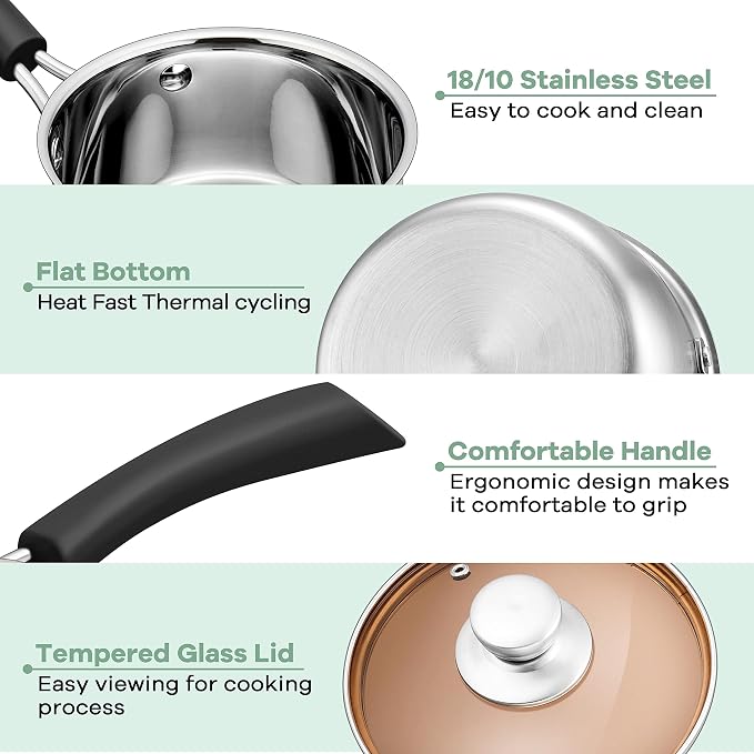 Herogo 1 Quart Saucepan with Lid, 18/10 Stainless Steel Small Sauce Pan Pot - Image 3