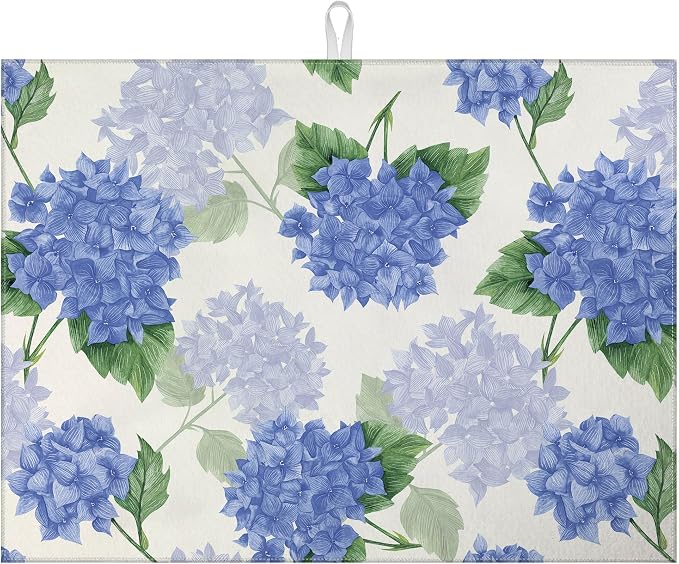 Blue Hydrangea Dish Drying Mat for Kitchen Counter Spring Floral Drying Pad by MOUNTANLLY