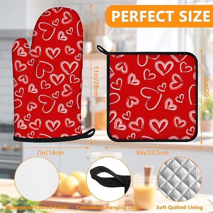 White Love Hearts Oven Mitts and Pot Holders Sets 4Pcs, Extra Long Oven Gloves - Image 2