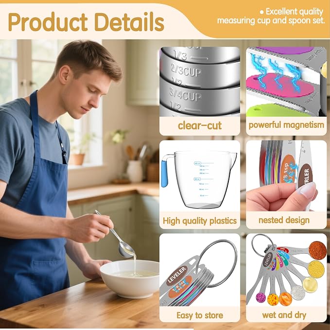 Magnetic Measuring Cups and Spoons Set, 5 Stainless Steel Measuring Cups - Image 2