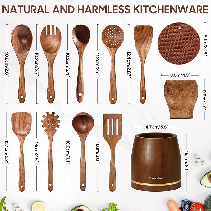 Spardar Wooden Spoons for Cooking, Spoon Rest, 4.2" Utensil Holder, and - Image 6