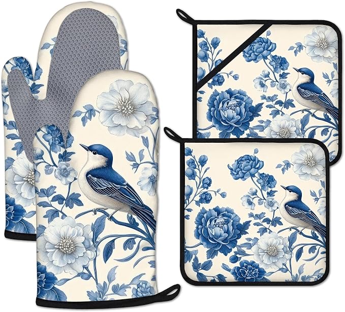 Blue Bird Blooming Flower Oven Mitts and Pot Holders Sets Heat Resistant 4Pcs by ANTJOO