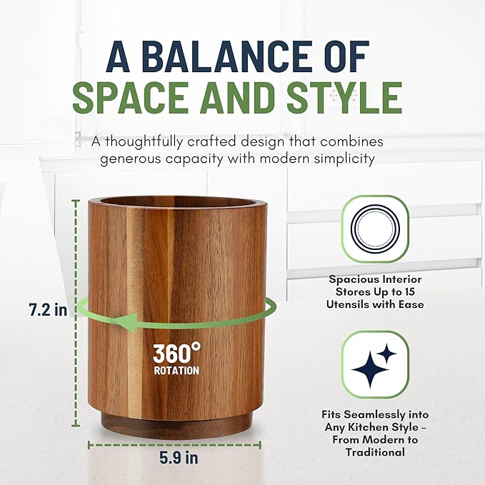 Linda's Essentials Acacia Wooden Utensil Holder - Image 3