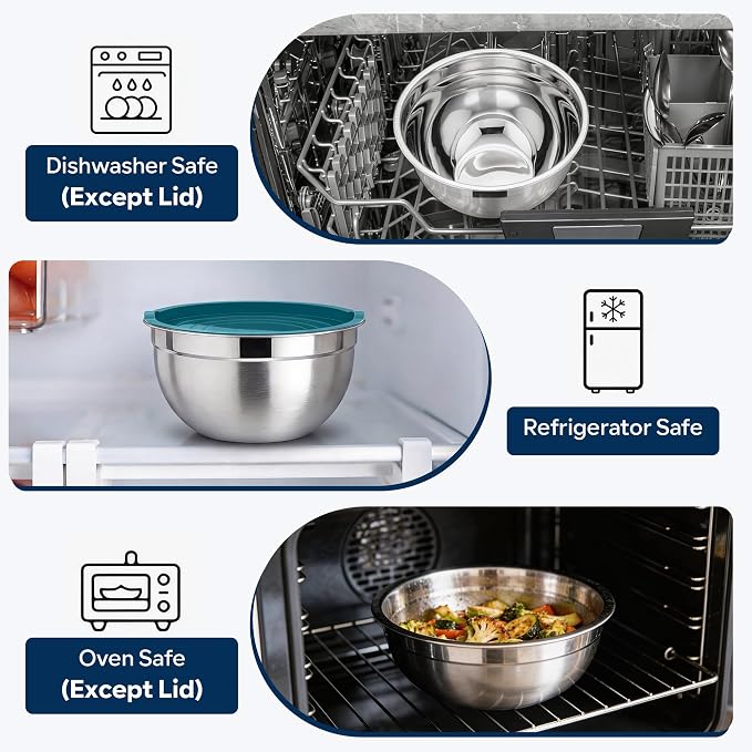 E-far Mixing Bowls With Lids Sets of 5, 10-Piece Stainless Steel Salad Metal - Image 7