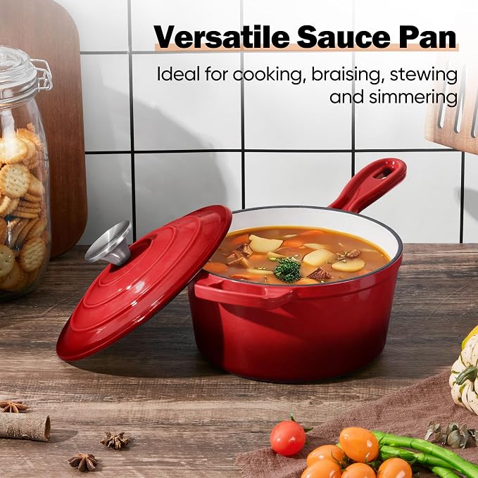 Homikit Small Sauce Pan with Lid, 2QT Enameled Cast Iron Saucepan, Enamel Cast - Image 7