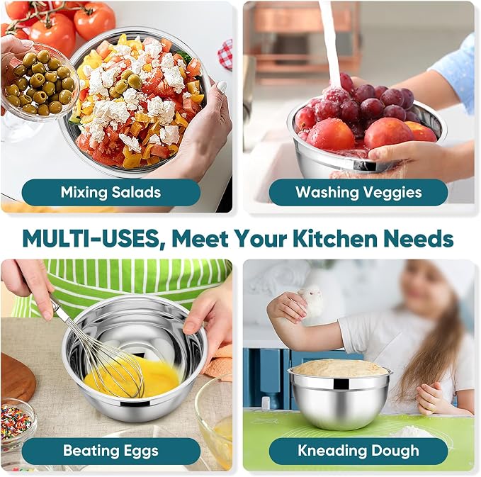 TeamFar Mixing Bowl Set of 5, Stainless Steel 4.5/3/1.5/1/0.7 QT Metal Nesting - Image 5