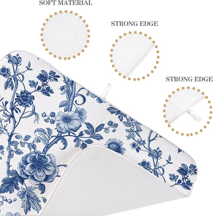 Vintage Blue Dish Drying Mat 18x24 Inch Chinoiserie Navy Blue Floral Drying Mat - Image 7
