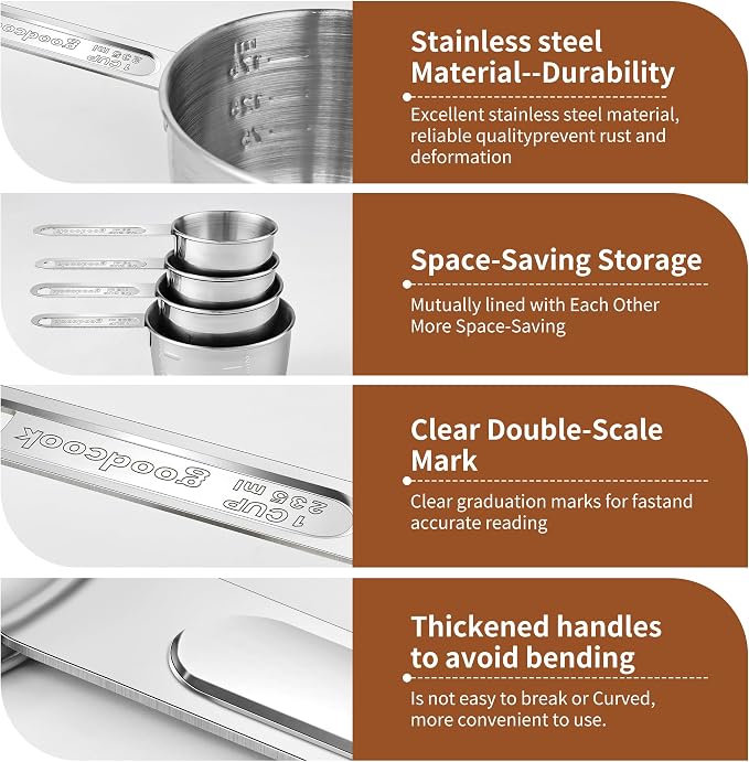 Measuring Cups and Spoons Set, Stainless Steel Measuring，4 Spoons, 4 Cups - Image 3