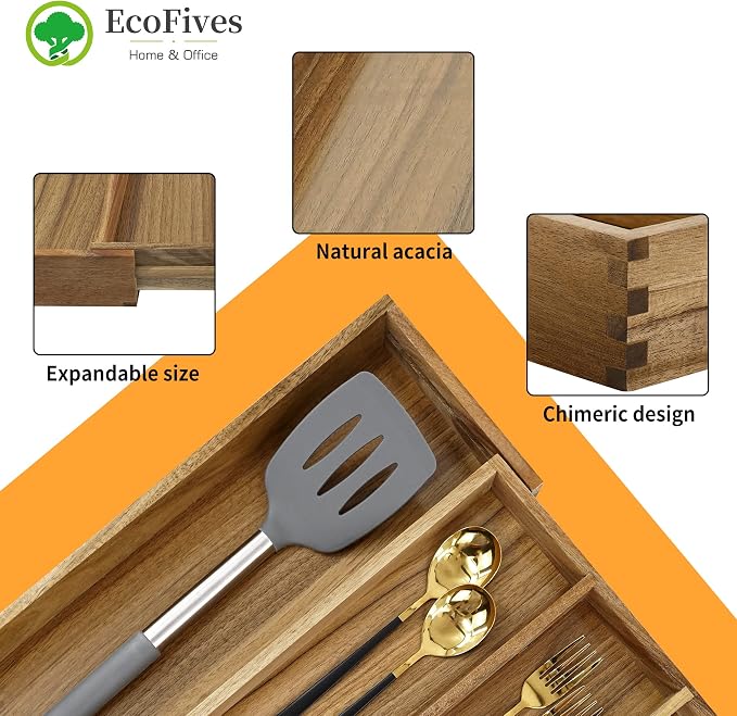 EcoFives Luxury Acacia Silverware Organizer -Kitchen Drawer Organizer - Image 5