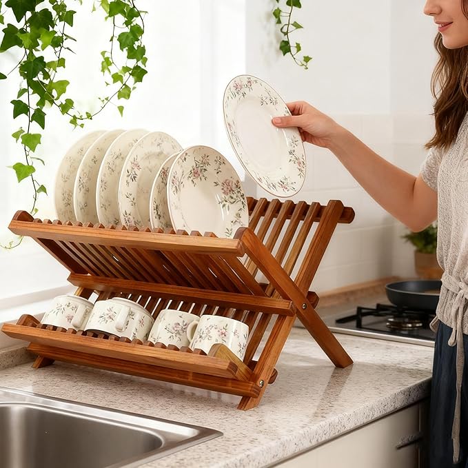 Utoplike Teak Dish Drainer Rack Collapsible 2 Tier Dish Rack Dish Drying Rack - Image 2