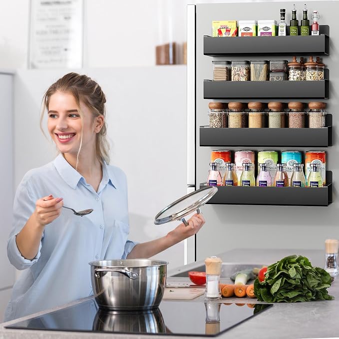 Vetacsion 4 Pack Moveable Fridge Magnetic Spice Racks, Metal Black - Image 2