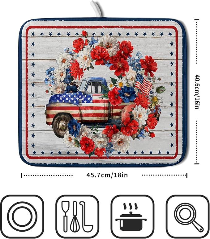 American Flag Dish Drainer Mat Flowers Absorbent Dish Rack Pad - Image 2