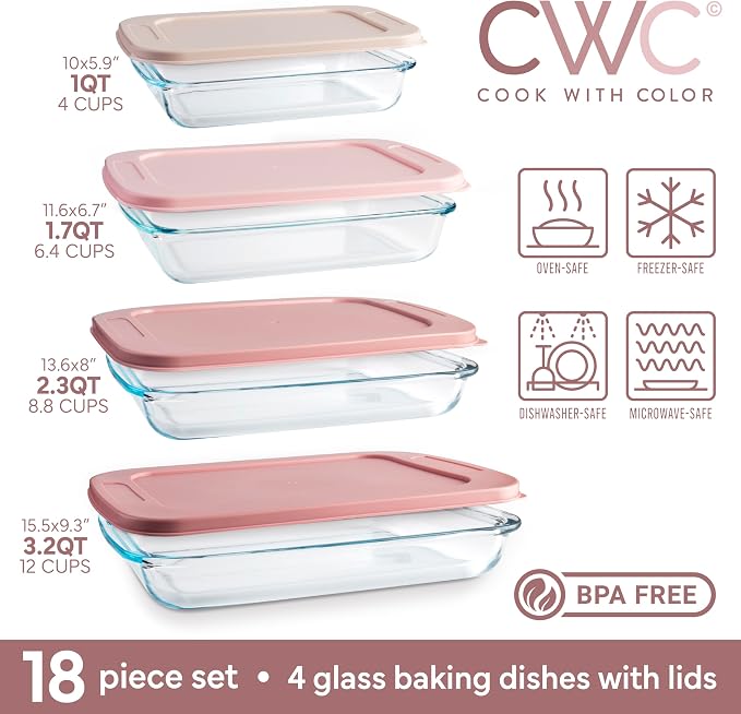 COOK WITH COLOR 8 PC. Glass Baking Dish Set with Lids - Image 3