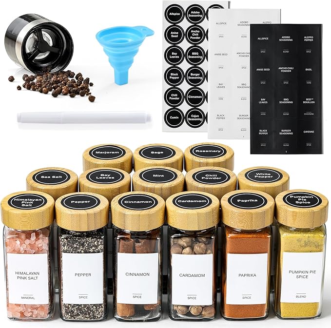 AOZITA 14 Pcs Spice Jars with Bamboo Lids - 4oz Square Spice Bottles with Spice by AOZITA