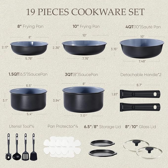 CAROTE 19PCS Ceramic Cookware Sets, Pots and Pans Set Non Stick Non Toxic - Image 2
