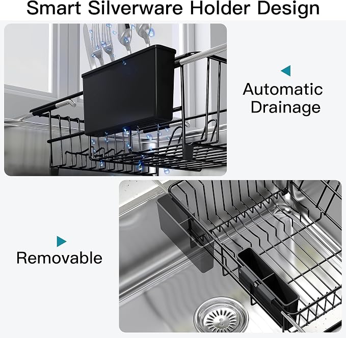 Dish Drying Rack Over the Sink In Stainless Steel Black Expandable Drainer - Image 9