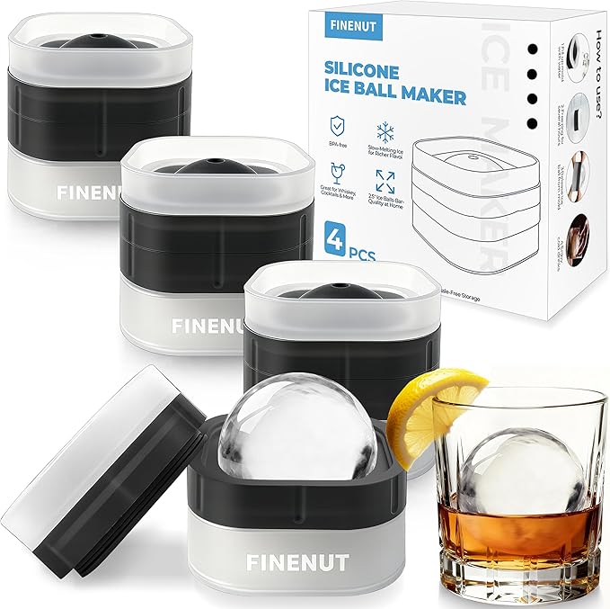 Easy Release Ice Ball Maker Mold, 4 Pack, 2.5 Inch Large Round Ice Cube Mold by Finenut