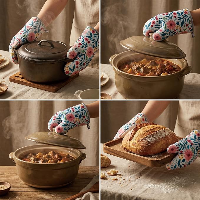Floral Oven Mitts and Pot Holders Sets 2 Pcs, Canvas Heat Resistant Kitchen - Image 7
