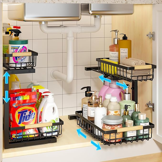 REALINN Under Sink Organizer, 2 Pack Height Adjustable Under Sink Organizers by REALINN