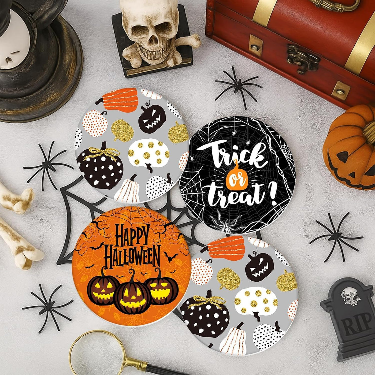Halloween Ceramic Stone Coasters for Drinks, Set of 6, Pumpkin