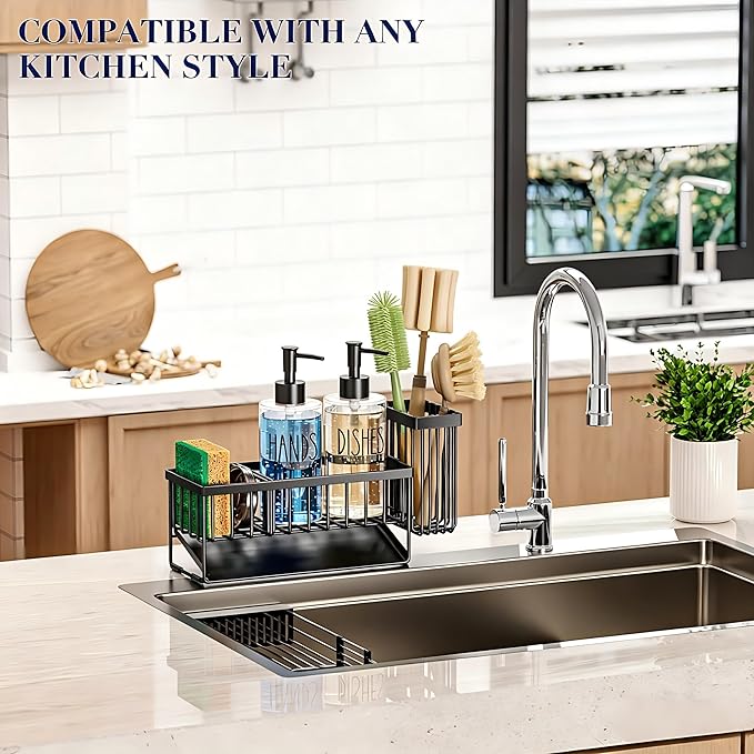 MASADI Kitchen Sink Caddy with Dish Soap Dispenser Set, 12OZ Glass Bottle - Image 7
