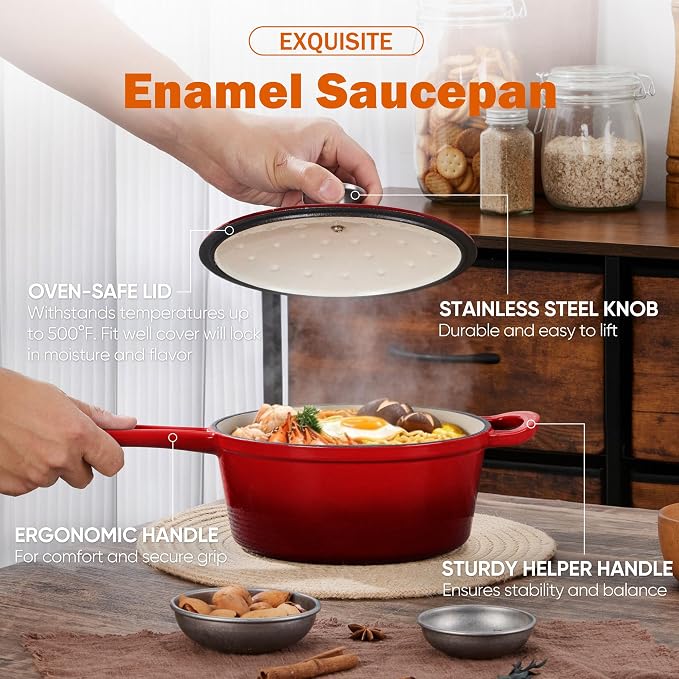 Homikit 3 Quart Saucepan with Lid, Enameled Cast Iron Sauce Pan, Enamel Cast - Image 3
