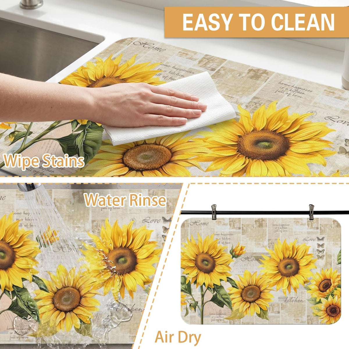 Sunflower Kitchen Countertop Dish Drying Mat,Super Absorbent Coffee