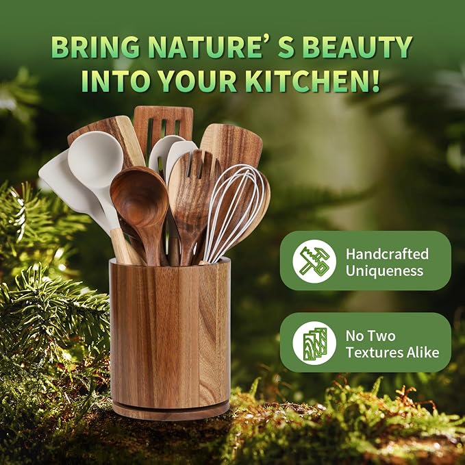 Wooden Utensil Holder, 360°Rotating 7.3'' Large Utensil Holder - Image 8